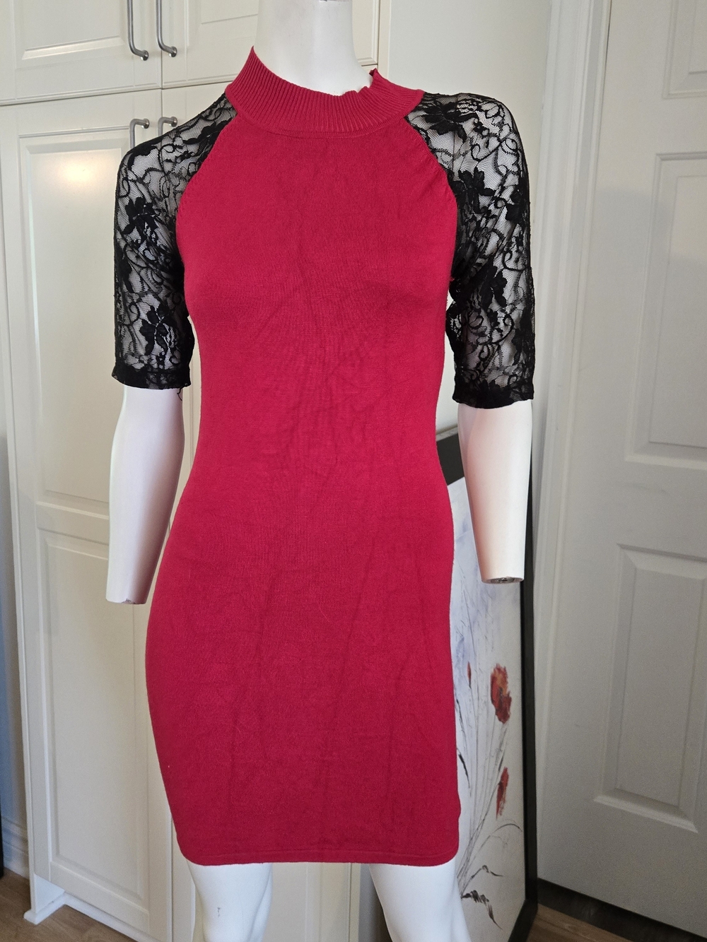 Fitted Red Lace-Sleeve Dress